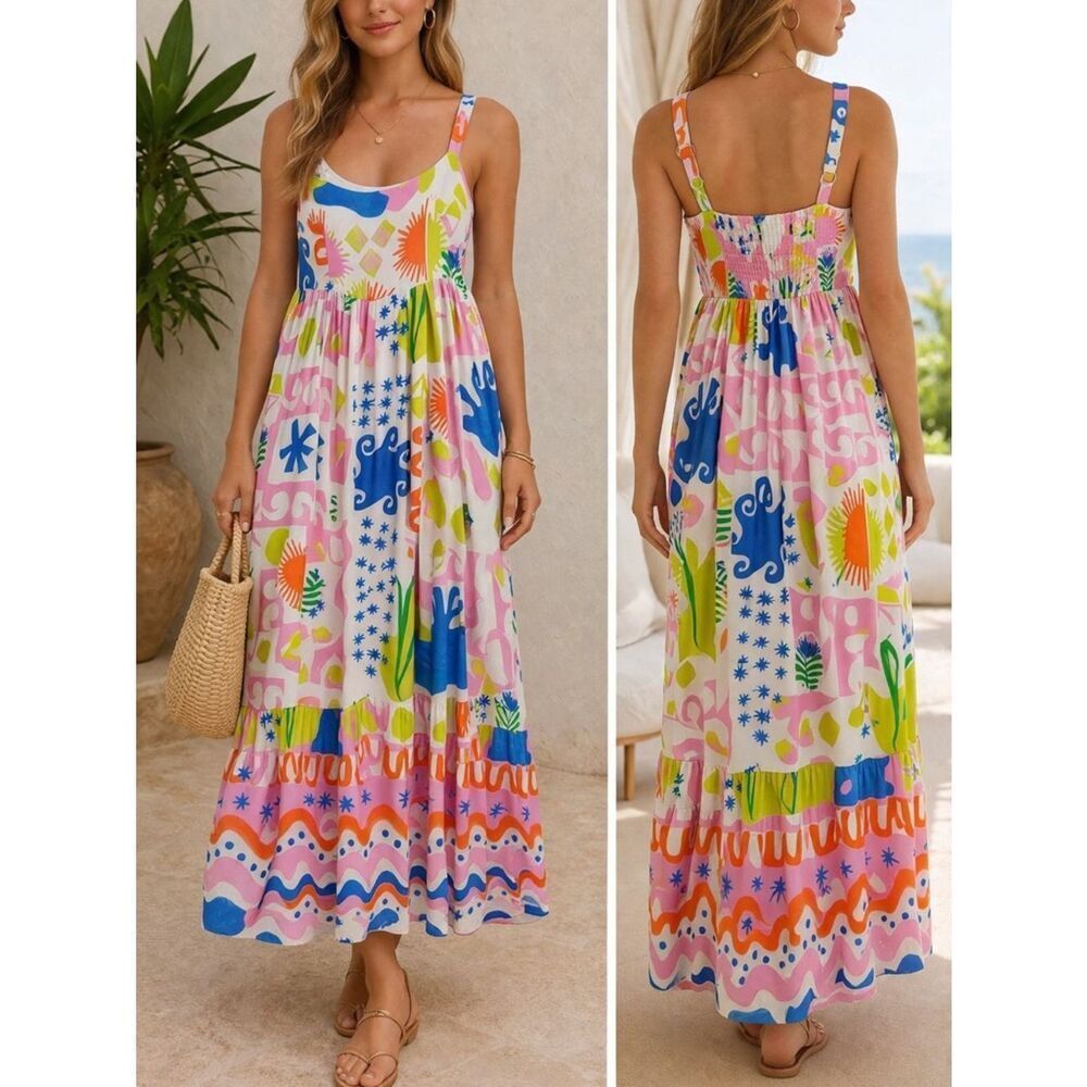Paper Heart Abstract Print Maxi Dress Small Pink Blue Orange Smocked Back Boho